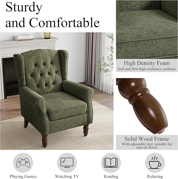 Mid-Century Modern 2-Piece Wingback Chair Set - Plush Upholstered Accent Chairs with Solid Wood Legs, High Back Lounge Seating for Living Room, Bedroom & Office - Retro Matched Pair (Dark Green)