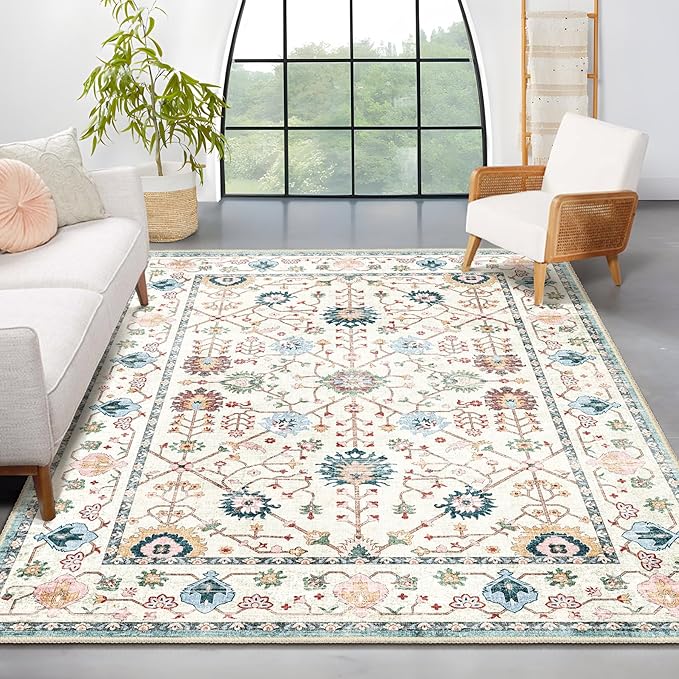 MUJOO 5x7 Area Rugs,Washable Rugs for Living Room Bedroom Bedside,Blue Boho Non Slip Carpet Indoor,Vintage Soft Teal and Pink Floral Rug