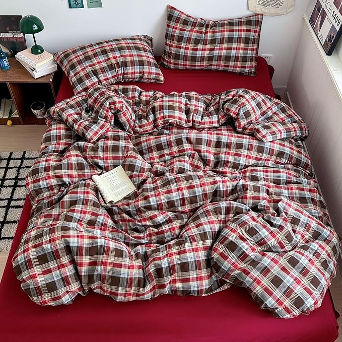 mixinni Vintage Red & Brown Buffalo Plaid Duvet Cover Set Queen Size - 3 Piece Washed Cotton Bedding Set with Classic Checkered Pattern, Cozy Farmhouse Duvet Cover with Pillowcases for All Seasons
