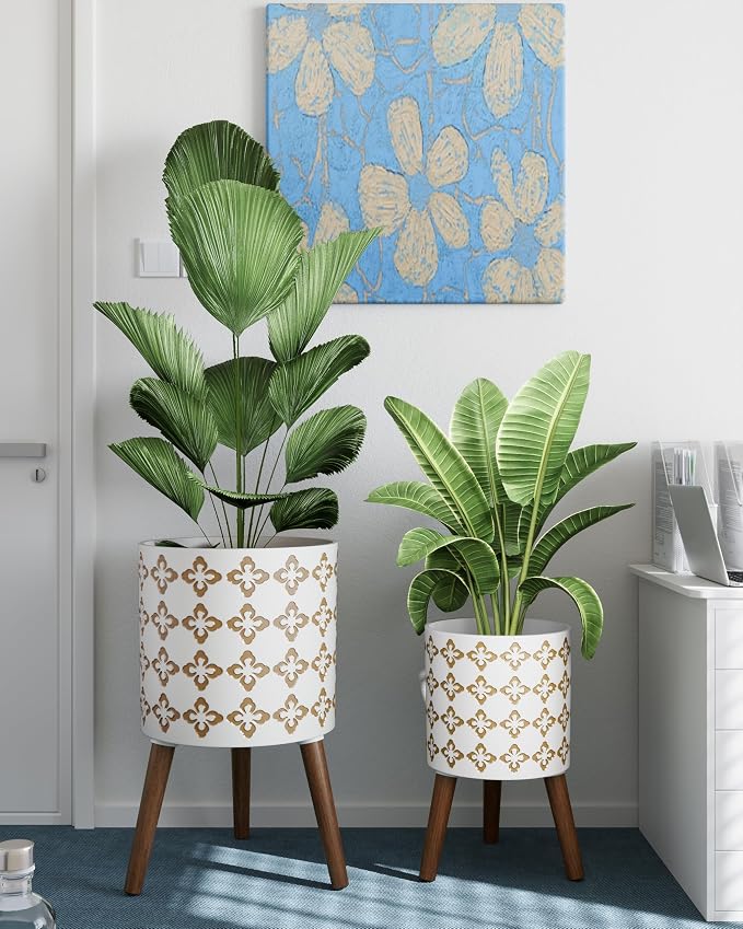 10 + 12 InchIndoor Planter with Stand Set of 2 - Large Indoor Plant Pots with Solid Oak Wood Stand and Drainage, White and Gold
