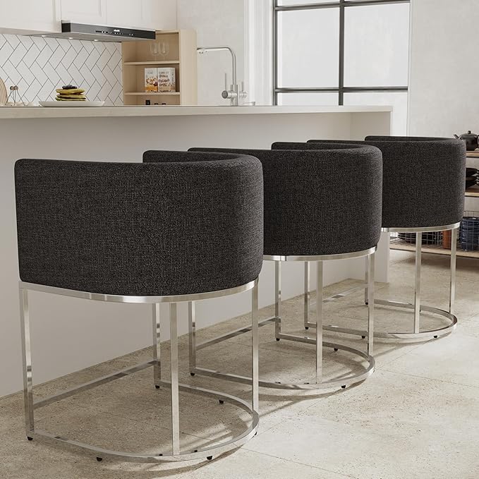 Contemporary Charcoal Linen Bar Stools Set of 2, 24" Upholstered Fabric Counter Height Barstools Kitchen Counter Island Stools with Screwed Together Chrome Finish Base