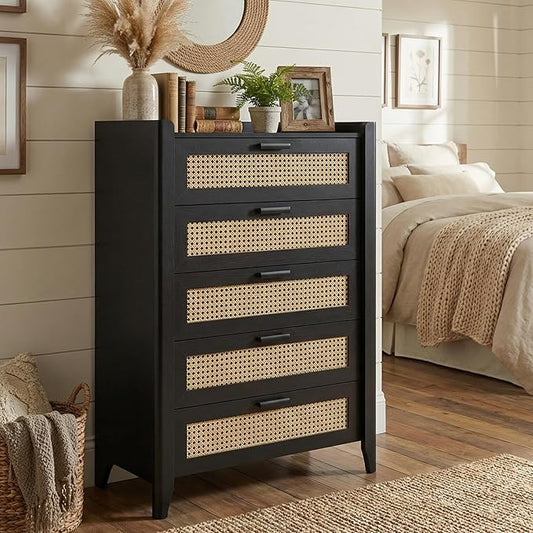 ELISA HOME Rattan-Inspired 5 Drawers Dresser for Bedroom, 47.2" Tall Modern Chest of Drawers, Wood Drawer Organizer for Clothes, Entryway, Hallway, Nursery or Living Room, Black