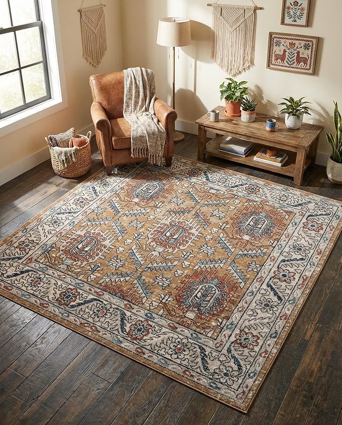 Rugs.com - Nyla Collection Rug – 6 Ft Square Mustard Yellow Stain-Resistant Area Rug – Ideal for Living Rooms, Bedrooms, and Dining Areas