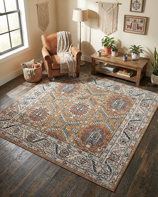 Rugs.com - Nyla Collection Rug – 6 Ft Square Mustard Yellow Stain-Resistant Area Rug – Ideal for Living Rooms, Bedrooms, and Dining Areas