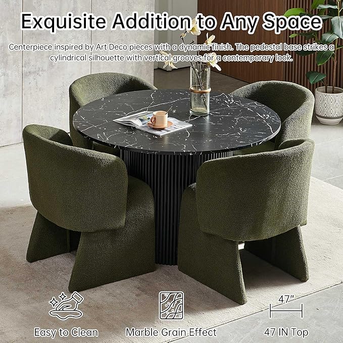 NORDICANA 5-Piece Round Dining Table Set for 4, Modern 47-Inch Kitchen Table and Chair Set, Dining Set with Dark Green Upholstered Armchairs, Manufactured Wood Top with Black Marble Effect Finish