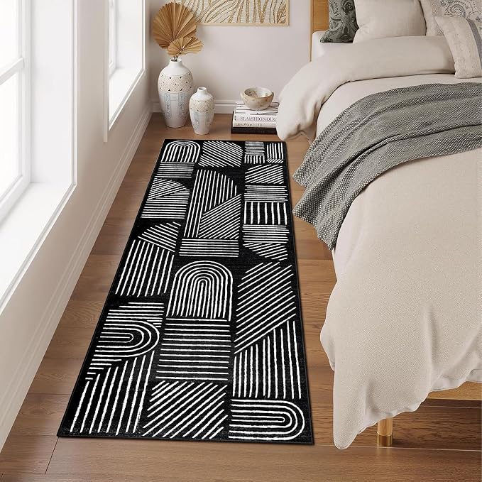 MUJOO 2x6 Runner Rug Washable,Mid Century Modern Abstract Non Slip Low Pile Runner Rug,Black and White Rug for Hallway Kitchen Entryway