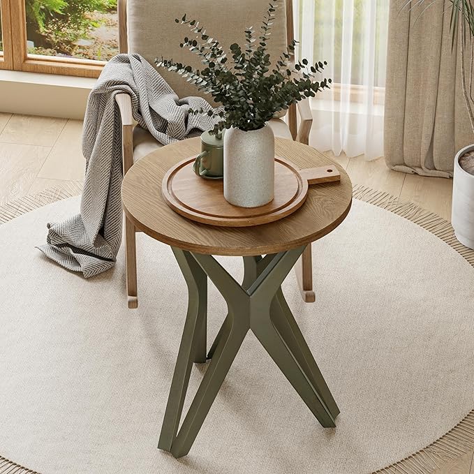 LONYKE Pedestal Farmhouse End Table Set of 2, Distressed Top with Tripod Base Bedside Table for Living Room, Modern, Boho, Round, Sage Green