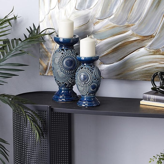 Deco 79 Ceramic Pillar Candle Holder with Cut Out Pattern, Set of 2 13", 10"H, Blue