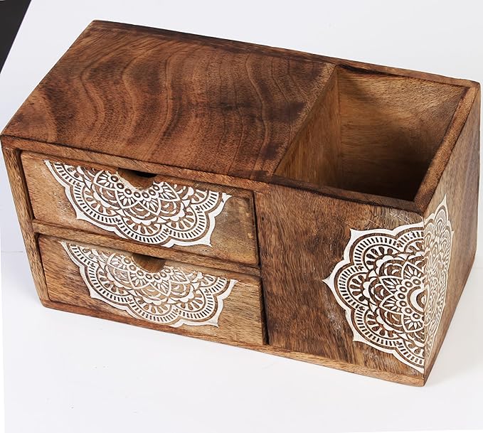 Wooden Hand craved Desk Organizer Pencil Pen Stationery Holder Cosmetic Storage Desk Box Home Office Art Supplies with 2 Drawer Wooden Tabletop Stationery Holder with 2 Drawers Storage Cabinet