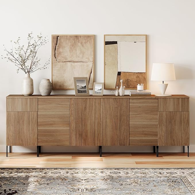 WAMPAT 94.5" Buffet Sideboard Cabinet with 2 Drawers & 6 Doors,4-in-1 Fluted Storage Credenza with Charging Station,Modern Buffet Table Coffee Bar Wine Bar Cabinet for Dining Room, Living Room,Brown