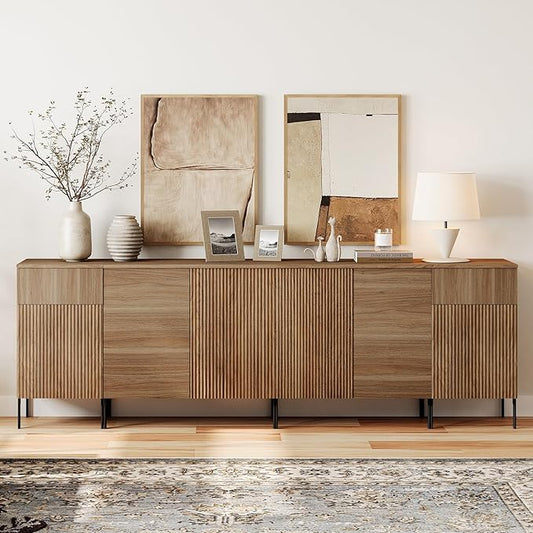 WAMPAT 94.5" Buffet Sideboard Cabinet with 2 Drawers & 6 Doors,4-in-1 Fluted Storage Credenza with Charging Station,Modern Buffet Table Coffee Bar Wine Bar Cabinet for Dining Room, Living Room,Brown