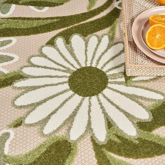 Nourison Home Aloha Ivory Green 9' x 12' Area Rug - Easy Clean, Non Shedding, Bed Room, Living Room, Dining Room, Kitchen (9' x 12')