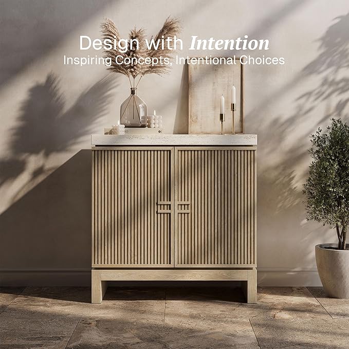 BELLEZE Anton 2 Door Sideboard Buffet Cabinet with Travertine-Look Top, Fluted Reeded Doors, Adjustable Shelf Storage Credenza for Dining Room Living Room Entryway, Travertine Greige