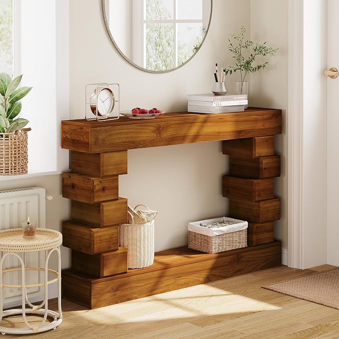 Wood Console Table, 47.24" Retro Long Boho Sofa Table Behind Couch with Geometric Block Stacked Design, Wooden Narrow Sofa Table Hall Table for Living Room Foyer Entrance Entryway, Brown