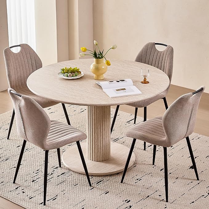 47" Round Dining Table for 4, [Cylinder Pedestal Base] [Stone-Patterned] Modern Circle Dinner Table for Kitchen Dining Living Room, Natual