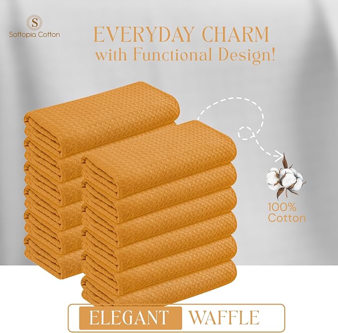 Mustard Yellow Waffle Kitchen Dish Towels 100% Cotton, Soft, Absorbent, Quick Drying, Multipurpose Use, Bar & Hand Towels, 16x26 Inches, Durable, Machine Washable, Reusable, Set of 4
