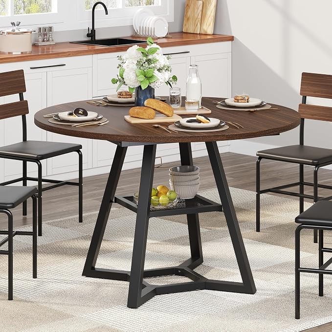 knoworld 43" Round Dining Table for 4, Kitchen Tables Dining Room Circle Dinner Table with Pedestal Metal Frame, Space Saving Wood Industrial Kitchen & Dining Room Tables, Walnut 43In