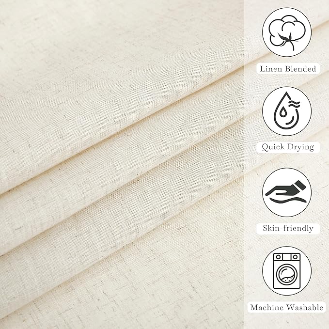 KGORGE Natural Linen Shower Curtain for Bathroom - Linen Blend Button Hole Semi Sheer Lightweight Waterproof Shower Curtains for Bathtub, 72 x 96 inches Long, Hooks Included
