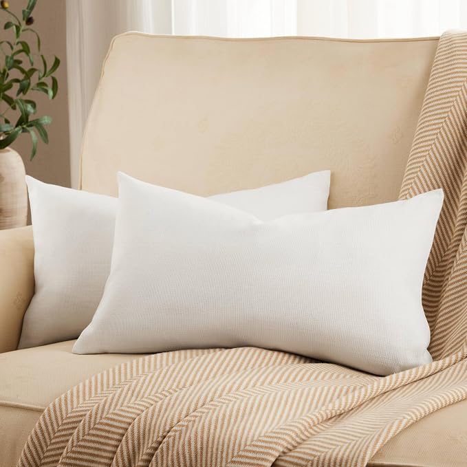 ZeeMart Rustic Cotton Linen Lumbar Throw Pillow Covers Set of 2, 12x20 Inch Off White, Farmhouse Style Decorative Couch Pillow Cases Ivory Cushion Covers for Sofa Bed Living Room Home Decor