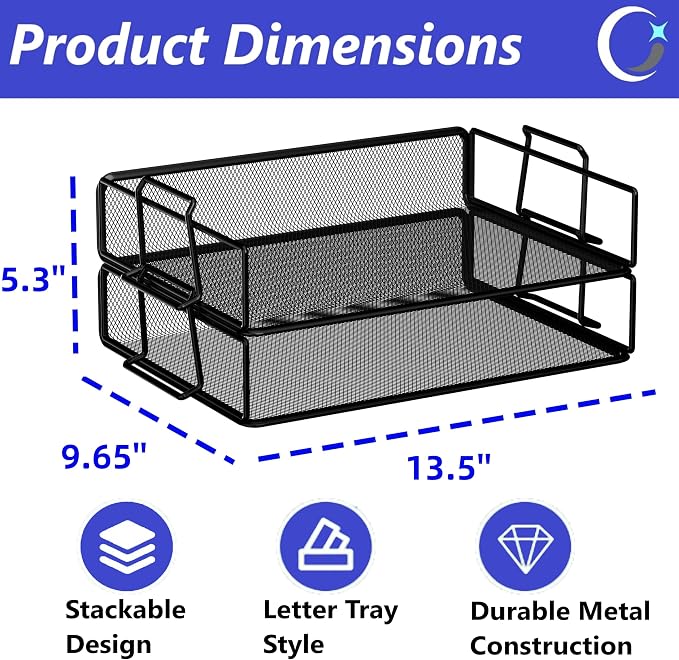 2 Tier Stackable Letter Tray Paper Holder Desk Organizer for Home Office School, Black