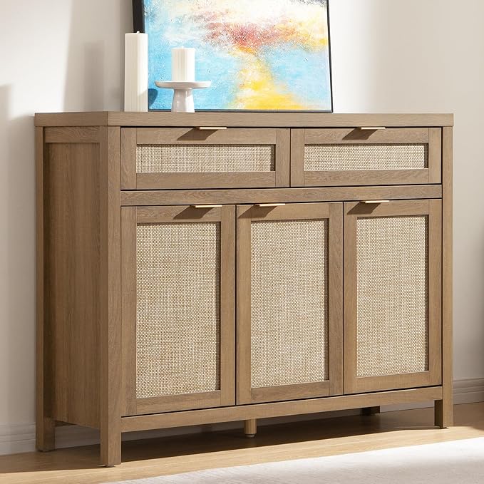 SICOTAS Rattan Sideboard Buffet Cabinet with Storage, Boho Credenza Accent Cabinet with 3 Doors and 2 Drawers, Farmhouse Console Coffee Bar for Kitchen, Living Room, and Entryway, Caramel Oak