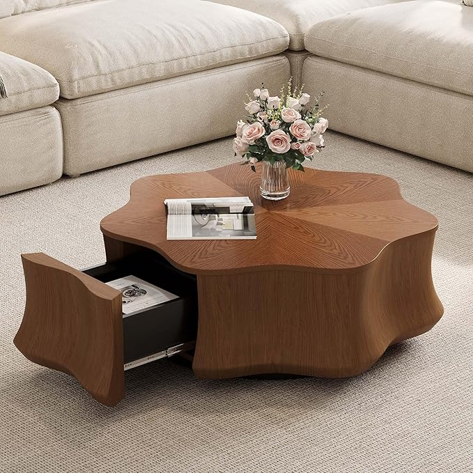 32.48" Flower - Shaped Coffee Table for Living Room, Fully-Assembled Mid Century Modern Center Small Table with Hidden Storage Drawer for Living Room, Apartment & Small Space