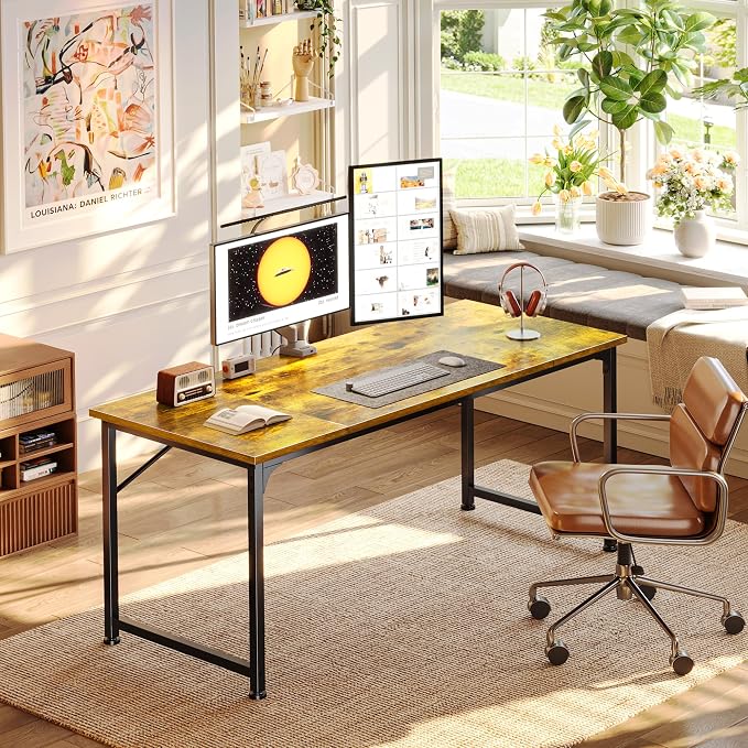 PRAISUN 55 Inch Computer Desk, Home Office Desk with Spacious Desktop, Modern Gaming Desk, Writing Study Table for Bedroom, Small Spaces, Work from Home Desk with Metal Frame, Retro Brown