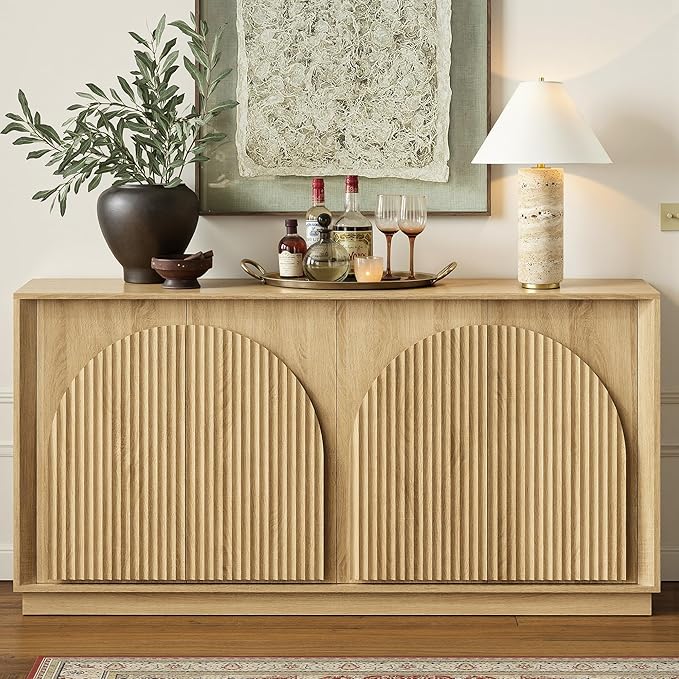 win2win Fluted Sideboard Buffet Cabinet with Storage, 65" Modern Accent Cabinet with Double-Layered Arch Doors, Wood Boho Media TV Console Table Credenza for Living Dining Room Hallway Entryway, Oak