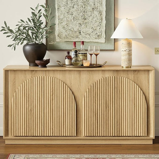 win2win Fluted Sideboard Buffet Cabinet with Storage, 65" Modern Accent Cabinet with Double-Layered Arch Doors, Wood Boho Media TV Console Table Credenza for Living Dining Room Hallway Entryway, Oak