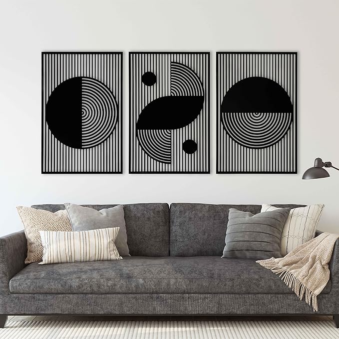 Boho Wood Wall Art Bauhaus Style, Abstract Wooden Wall Art, Large Mid Century Modern Decor, 3 Geometric Wood Wall Panel Set, Home Gift