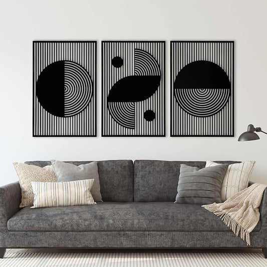 Bauhaus Wall Art Wood Boho Style, Large Mid Century Modern Decor, Abstract Wooden Wall Art, Set of 3 Geometric Wood Wall Panel, Home Gift
