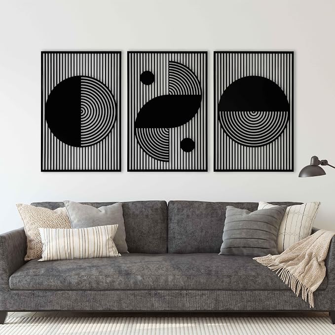 Abstract Boho Wood Wall Art, Bauhaus Inspired Geometric Design, Mid Century Modern Wall Decor, 3 Panel Wooden Set, Statement Home Gift for Living Room and Bedroom