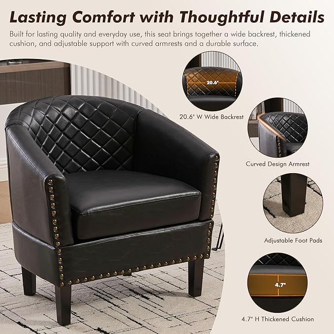 QQU Barrel Accent Chair, Retro PU Leather Club Chair with Nail-Heads, Upholstered Armchair for Living Room, Bedroom, Waiting, Office (Black)