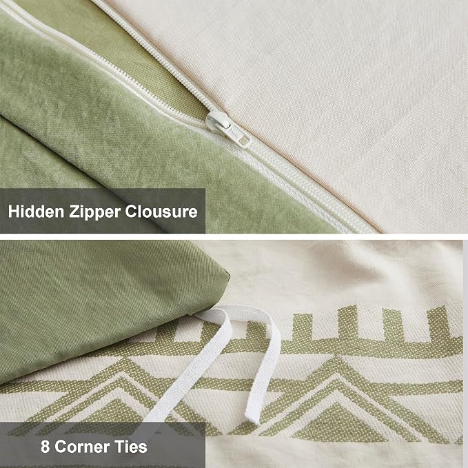 Oli Anderson Boho Duvet Cover Set Twin Size, Beige and Sage Green Color Clash 2 Pieces Microfiber Bedding Set, Durable and Super Soft Duvet Covers with Zipper and Ties, 68"*90"