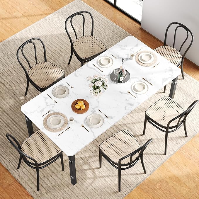 IDEALHOUSE 79" Dining Table for 6-8 People, Modern Rectangular Kitchen Table with Sturdy Metal Legs, Large Wood Farmhouse Dining Room Table for Home Office, Conference, Black & Marble White