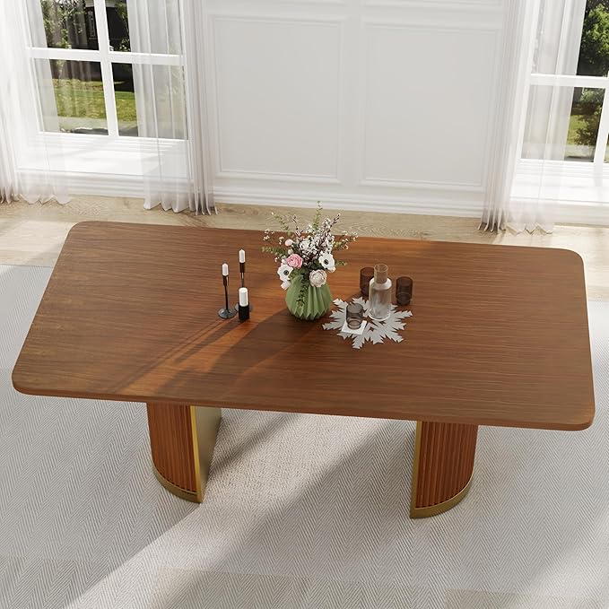 AUZ 78in Farmhouse Dining Table for 4-8, Rectangular Wood Kitchen Table with Walnut Veneer Top and Roman Column Legs, Large Dining Room Table for Dining Room, Living Room