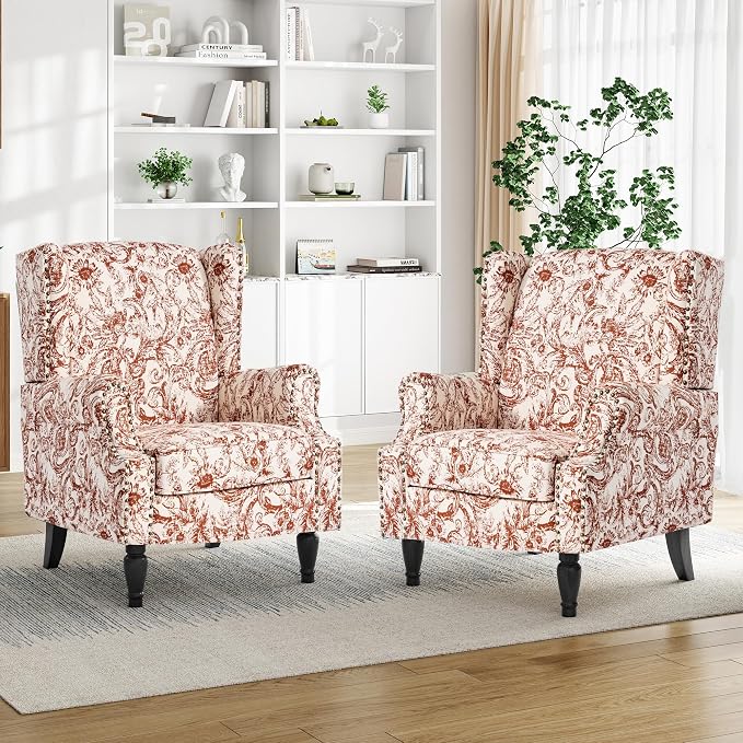 Pia Ricco High Back Floral Accent Chair - Retro Wingback Upholstered Armchair with Nailhead Trim, Solid Wood Legs, Fabric Living Room Bedroom Reading Chair (Rococo Orange)