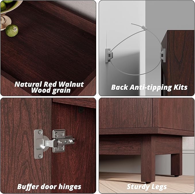 IRONCK 63" Storage Cabinet, Buffet Cabinet with Grille Doors and 2 Adjustable Shelves, Mid Century Sideboard for Kitchen, Dining Room, Entryway（Natural Red Walnut）