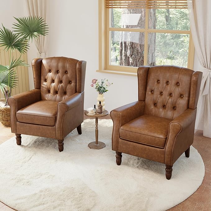 Faux Leather Accent Chairs Set of 2, High Back Upholstered Chair with Button Tufted, Mid-Century Modern Comfy Wingback Chair Reading Armchair for Living Room for Bedroom, Office-P Brown