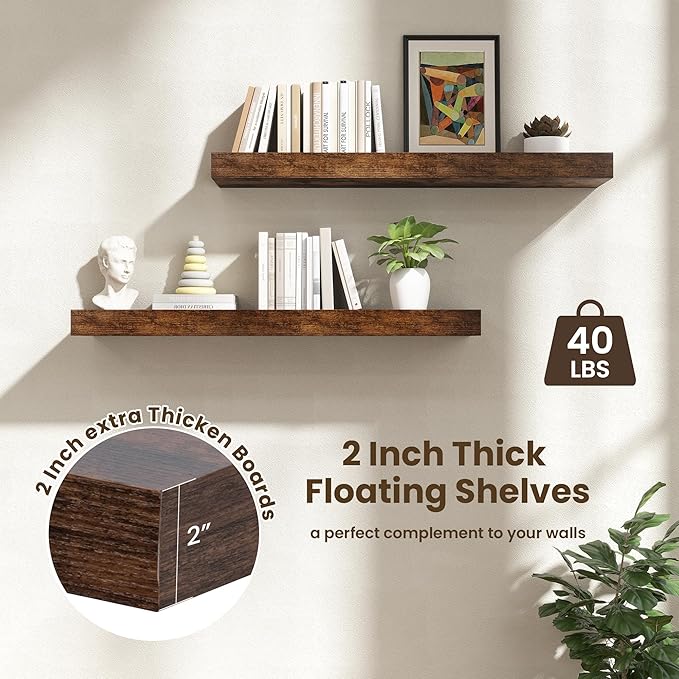 Deep Floating Shelves | 40 Inch Floating Shelves Set of 2 | 12 Inch Deep Brown Wood Wall Shelves | 40" W x 12" D Rustic Brown Shelves for Bathroom Living Room Kitchen Laundry Room