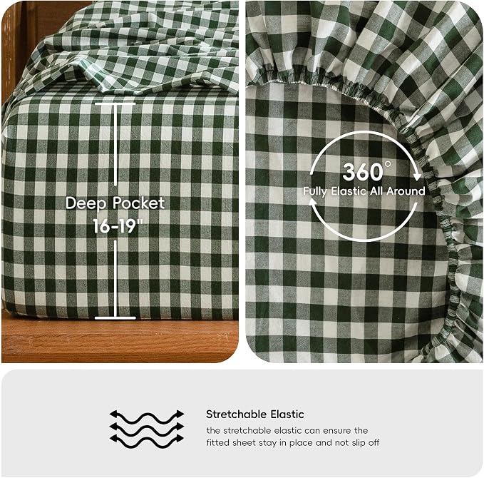 MooMee Gingham Sheet Set 100% Washed Cotton Linen Like Textured Breathable Soft w/Fully Elasticized 16-19" Deep Pocket (Classic Gingham Forest Green, Queen)