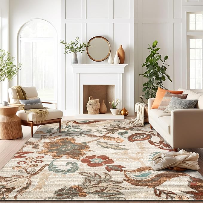 Rugshop Beige Floral Area Rug- Vintage Botanical Indoor Carpet for Living Room, Bedroom, or Dining Room – Non-Shedding, Soft Low-Pile Traditional Rug 7' 10" x 10'