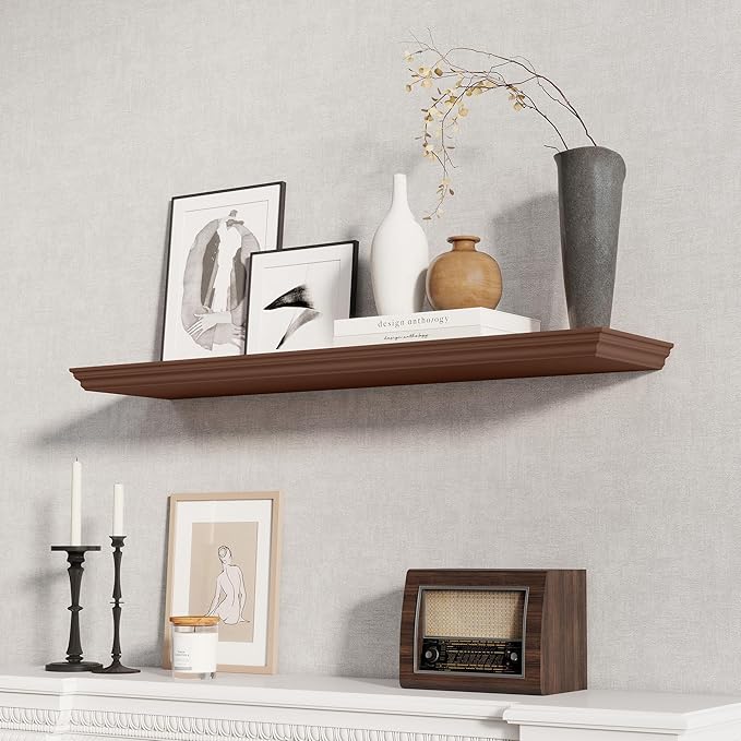 Fun Memories Floating Shelves 40 Inch Long, 9.3 Inch Deep Classic Crown Molding Floating Shelves for Wall, Rustic Wooden Shelves for Wall Decor Bathroom, Kitchen, Office, (Walnut, 1Pack)