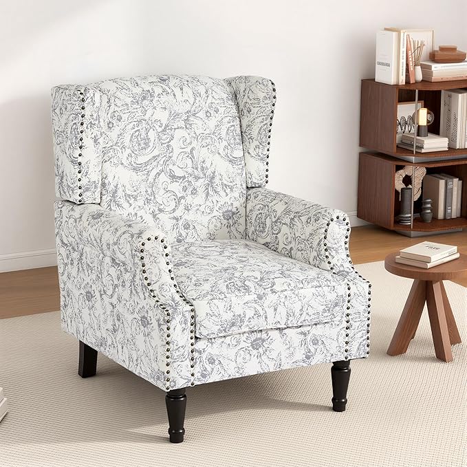 High Back Floral Accent Chair, Fabric Wingback Chair Upholstered Armchair for Living Room - Rococo Light Gray