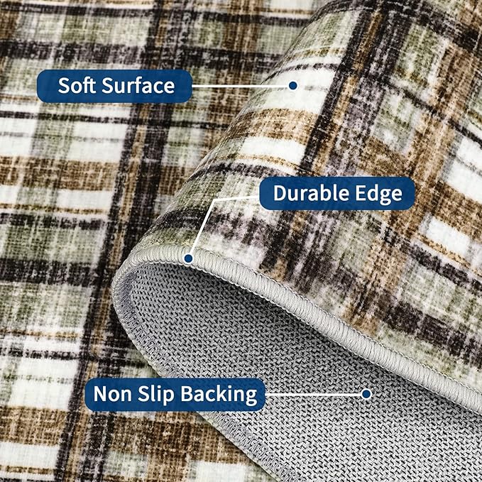Washable Runners for Hallways 2x6 Rug Modern Bathroom Rugs Non Slip Kitchen Rugs Farmhouse Low Pile Entryway Rug Soft Stain Resistant Carpet for Laundry Hallway Bedside, 2'x6' Celadon&Coffee