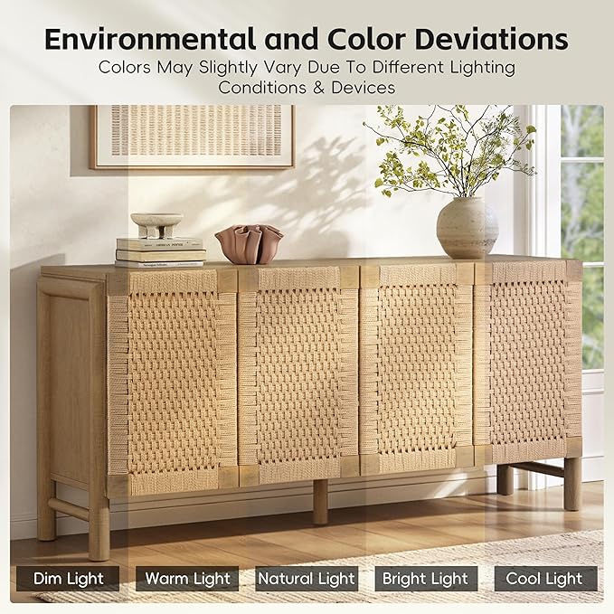 Christopher Knight Home Boho Buffet Cabinet 65.6’’ Modern Coastal Credenza Sideboard Storage Cabinet with Accent Handwoven Paper Rope Doors for Living Room, Dining Room, Hallway & Kitchen, Natural