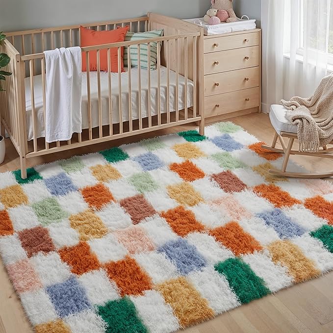 Checkered Rug 4x6 for Living Room, Modern Neutral Shag Rug Super Soft Washable Fluffy Rugs Indoor Fuzzy Carpet for Bedroom Home Dorm Aesthetic Decor
