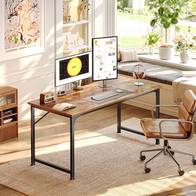 PRAISUN 47 Inch Computer Desk, Home Office Desk with Spacious Desktop, Modern Gaming Desk, Writing Study Table for Bedroom, Small Spaces, Work from Home Desk with Metal Frame, Rusitc Brown