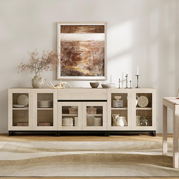 WAMPAT 3 in 1 Modern Sideboard with Adjustable Shelves and Drawer,Storage Cabinet with Glass Doors, Coffee Bar Cabinet for Living Room, Kitchen, Light Oak