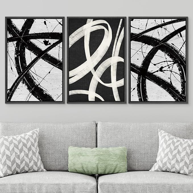 SIGNWIN Framed Canvas Print Wall Art Set Geometric Duotone Ring Landscape Graffiti & Street Art Abstract Illustrations Modern Art Decorative Nordic for Living Room, Bedroom, Office - 16"x24"x3 Black